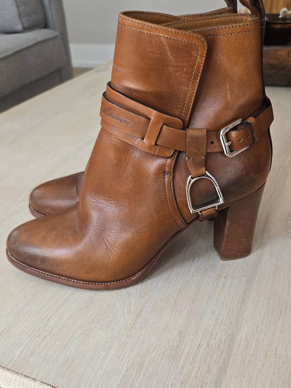 Ralph Lauren Purple Label Equestrian Harness Leather Ankle Booties-Cognac - Picture 5 of 13